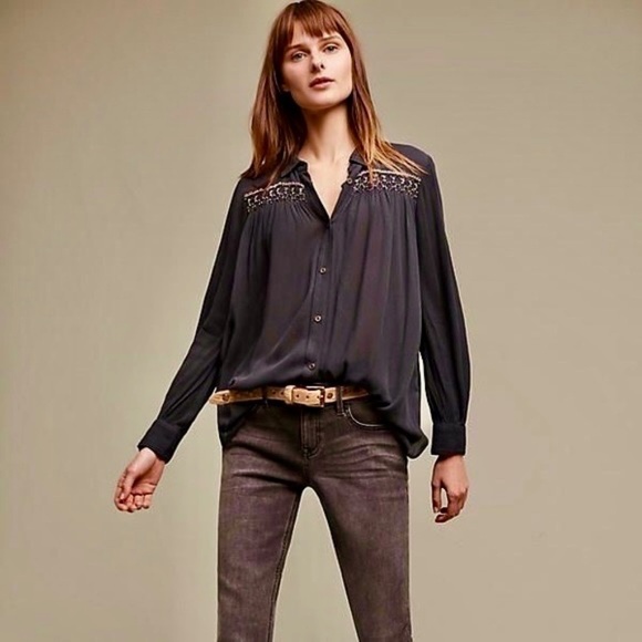 Anthropologie FLOREAT Beulah Navy Blue Beaded Top Blouse Tunic Beading Small - Picture 5 of 15